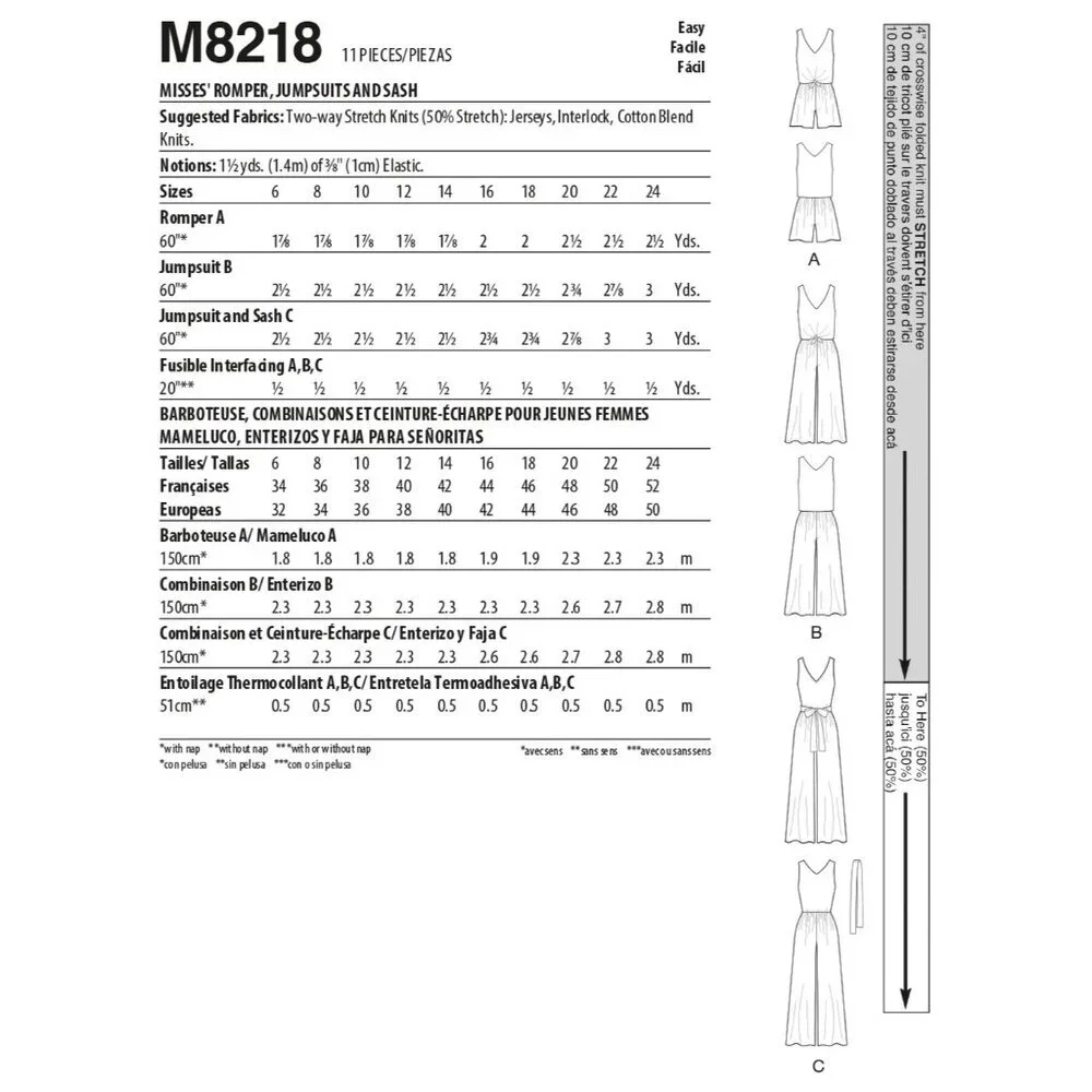 McCalls Sewing Pattern M8218‎ Romper Jumpsuit Sash Misses Size 16-24